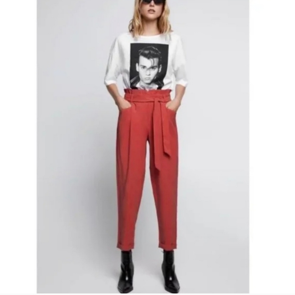 Zara Paperbag Waist Trouser Pants | Coral Rust | Medium